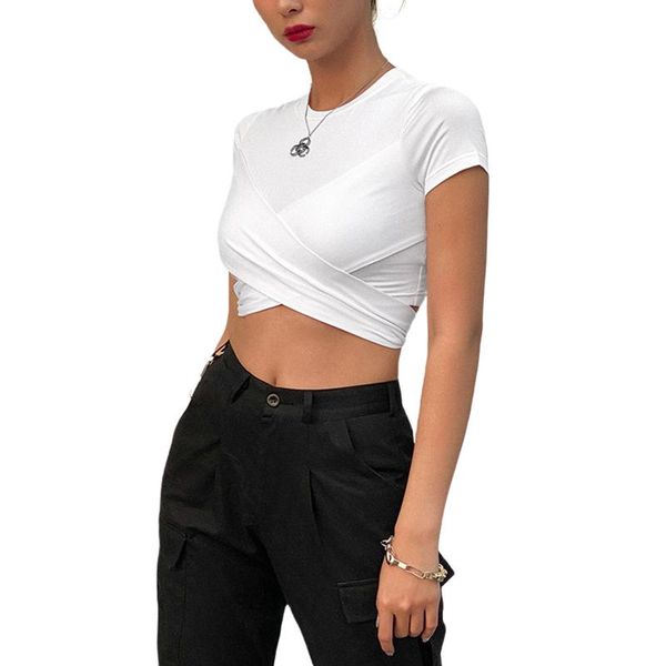 

women's t-shirt summer white round neck bandage slim short navel open tight sexy