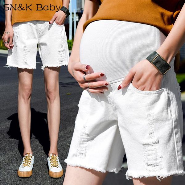 

maternity bottoms plus size pregnant womenÂ denim shorts ripped hole wide leg pants fashion high waist nursing summer pregnancy clothes, White