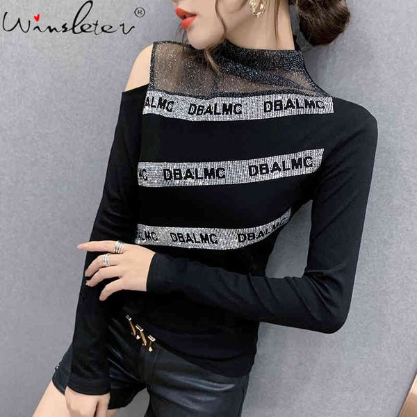 

women's t-shirt fall winter european clothes t-shirt fashion off shoulder patchwork mesh dimaonds letter women ropa muje, White