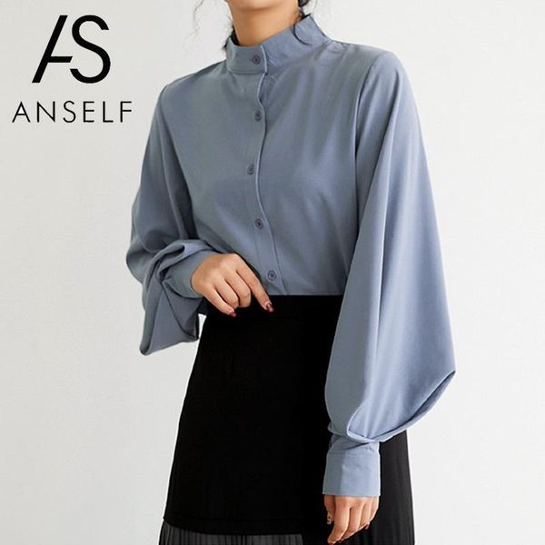 

vintage women chiffon blouse stand collar lantern sleeve buttons blouses elegant spring autumn solid female shirt women's & shirts, White