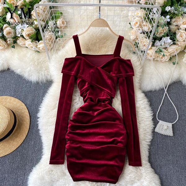 

casual dresses yuoomuoo luxury off shoulder slim bodycon ruched dress vintage velvet mini party pleuche sundress red black autumn, Black;gray