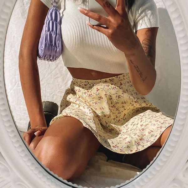 

skirts summer women's floral print skirt high waist umbrella mini female invisible zipper chiffon short women, Black