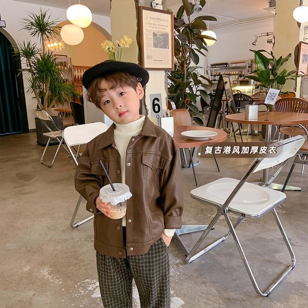 

jackets 2021 autumn winter boys girls spring pu leather coats pockets kids fashion children overcoat clothes 1-10age, Blue;gray