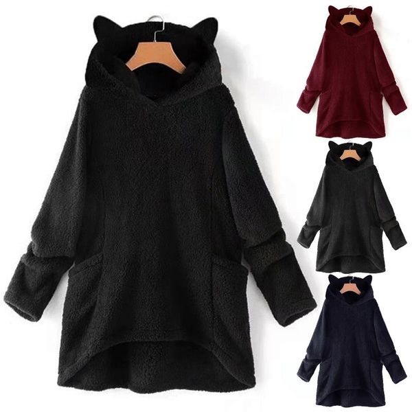 

women's hoodies & sweatshirts cute cat ear women long sleeve solid casual winter fuzzy fleece pullover hooded with pockets sudaderas, Black