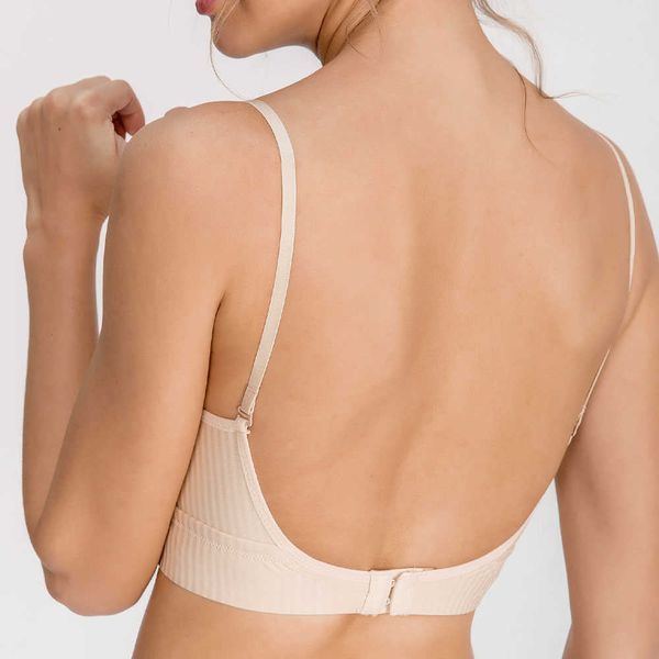 

women backless bra invisible bralette seamless push up lingerie wireless thin cup hollow lace underwear low back brassiere 210623, Red;black
