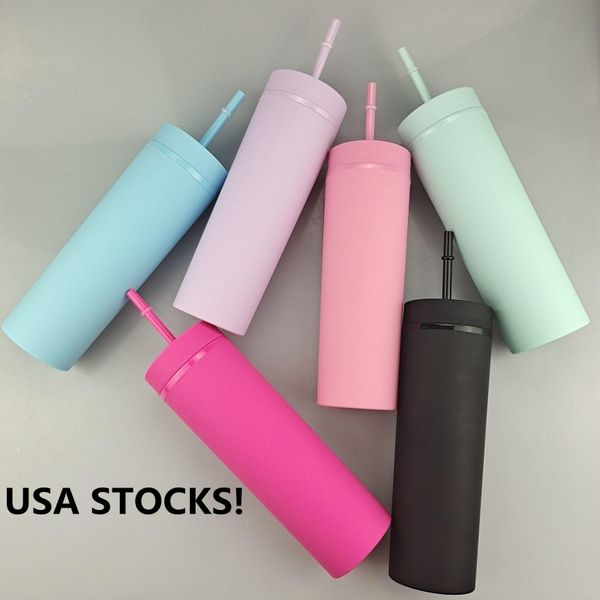 USA STOCKS Matte farbige 16-Unzen-Acryl-Trinkbecher mit Deckel, Strohhalm, doppelwandig, gemischte Pastellfarben, schmale Wasserflaschen, 500 ml, Kaffee-Kunststoff-Schnabelbecher, individuelles Logo