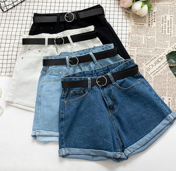 

women's shorts all match sashes casual women denim crimping high waist slim summer jeans feminino chic ladies bottom, White;black