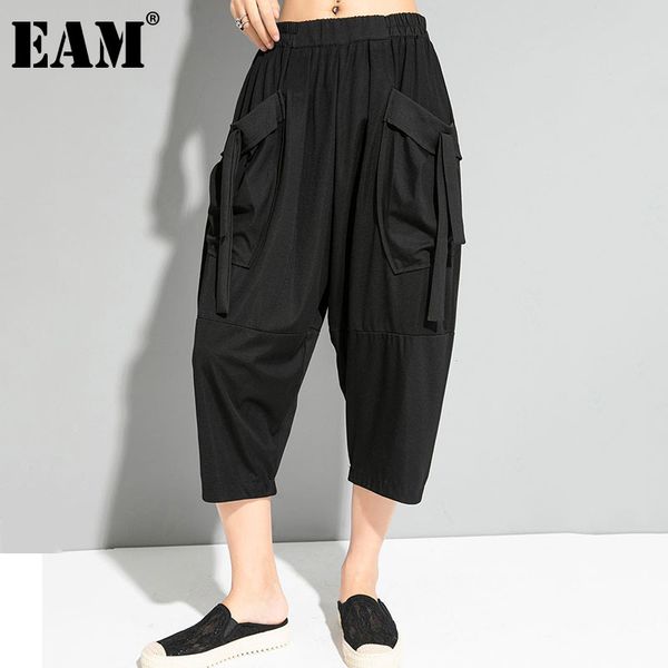 

[eam] casual big pockets high elastic waist harem trousers loose calf-length pants women fashion summer 1dd7608 210512, Black;white