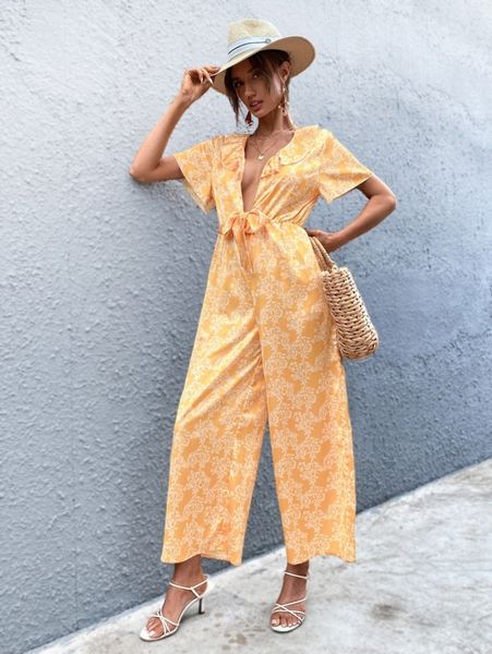 

allover floral tie front wide leg jumpsuit r0sb#, White