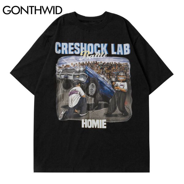 

gonthwid tees shirts streetwear harajuku battle painting print short sleeve tshirts hip hop casual cotton loose t-shirts c0315, White;black
