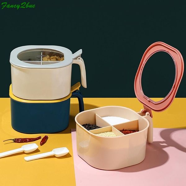 

four grid salt and pepper seasoning jar with lid transparent container spice storage box kitchen pot set bottles & jars