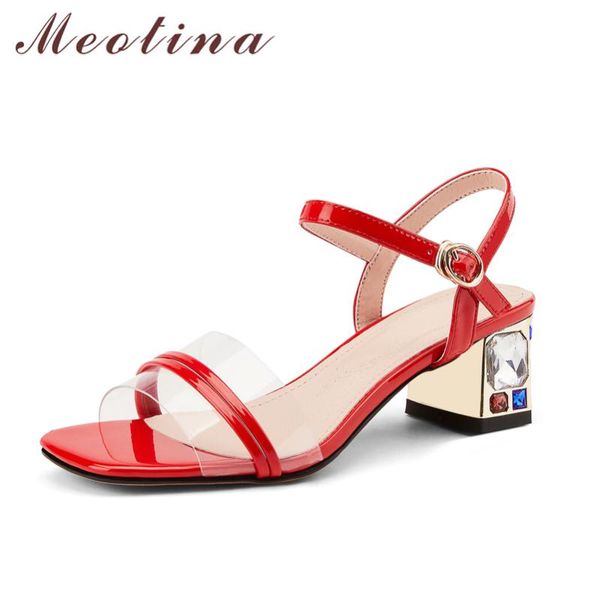 

dress shoes meotina women high heels sandals buckle square heel toe crystal fashion female summer 2021 black red