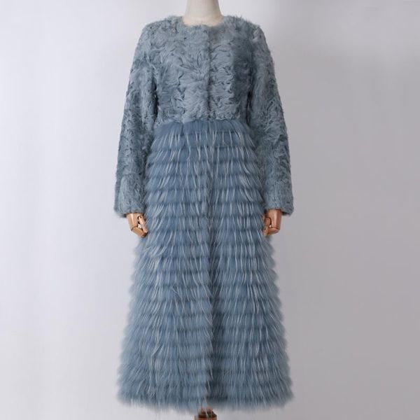 

women's fur & faux ladies lamb coat x-long women real long, Black