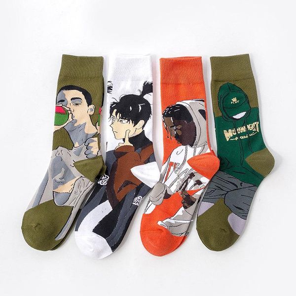 

men's socks cartoon printing men cute funny women cotton hip hop couples sweat breathable autumn winter retro casual skarpetki, Black