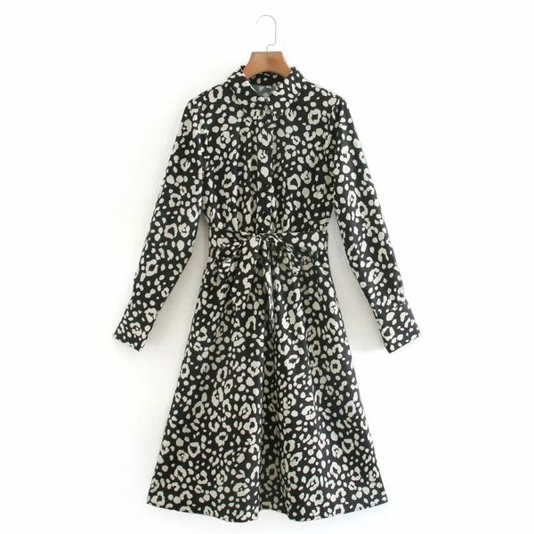 

women leopard print turndown collar sashes midi shirt dress female long sleeve clothes loose vestido d6900 210430, Black;gray