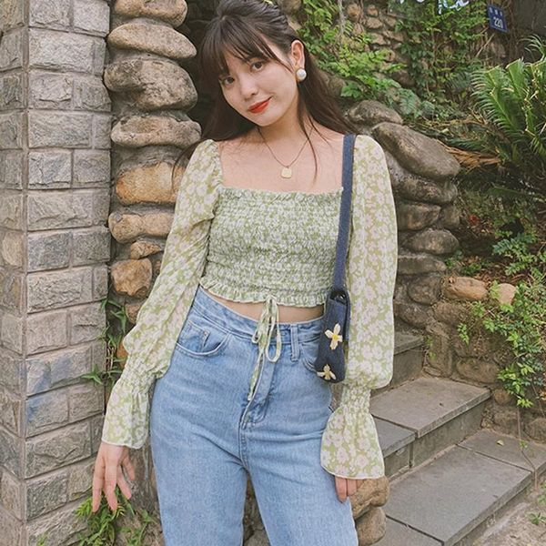 

woman chiffon shirt fashion square collar sweet pleated small floral print slim short camisas mujer women's blouses & shirts, White