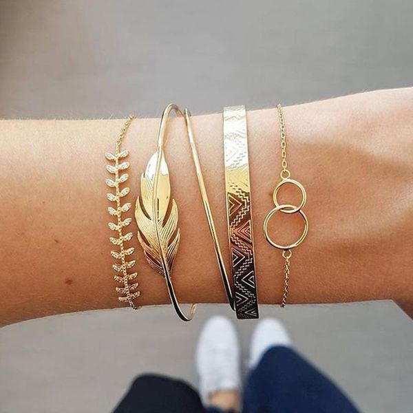 

link, chain 5pcs bohemian gold color leaf crystal open bracelet set women punk boho beach bangle jewelry gift geometric bracelets bohemia, Black