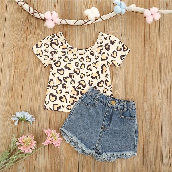 

clothing sets 2pcs toddler littler girl cotton short-sleeved and shorts set casual summer leopard o-neck t-shirt tassel denim short pants1, White