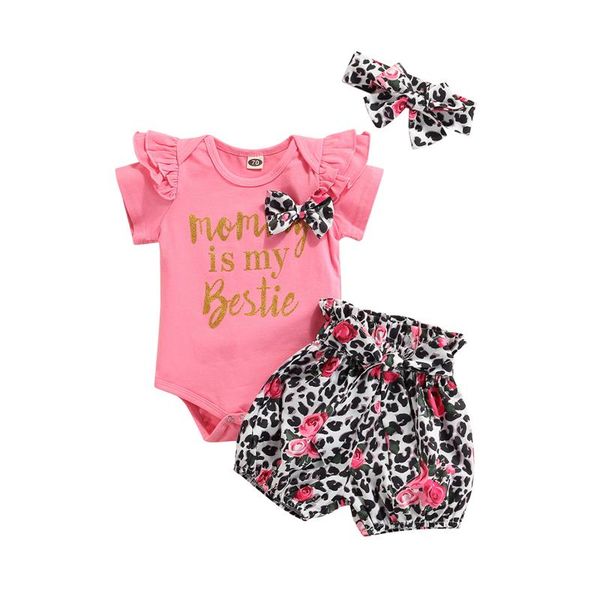 

clothing sets 3 pieces baby suit set cute letter print o-neck short sleeve romper+ leopard shorts+ headband for summer girls 0-18 months, White