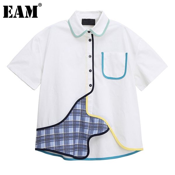 

[eam] women white big size pocket plaid spliced blouse lapel short sleeve loose fit shirt fashion spring summer 1dd7531 21512