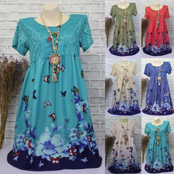 

printed new women's lace hollow out short sleeve dress, White