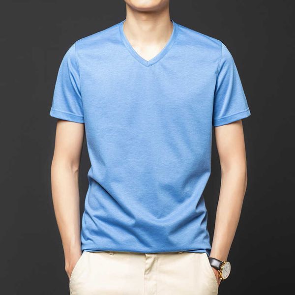 

luxury summer silk mulberry silk v leader slim short-sleeved t-shirt thin ice silk comfortable men's t-shirt 210531, White;black