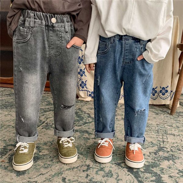 Primavera unisex Kids Elastic rasgado jeans estilo coreano meninos e meninas soltas calças jeans reto 210615