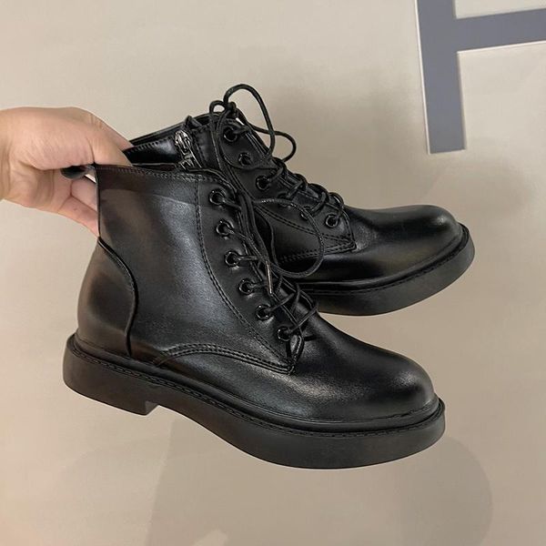 

boots brand women's shoes lady lace up round toe boots-women flat heel fashion low 2021 summer rock autumn ankle rubber pu basic, Black