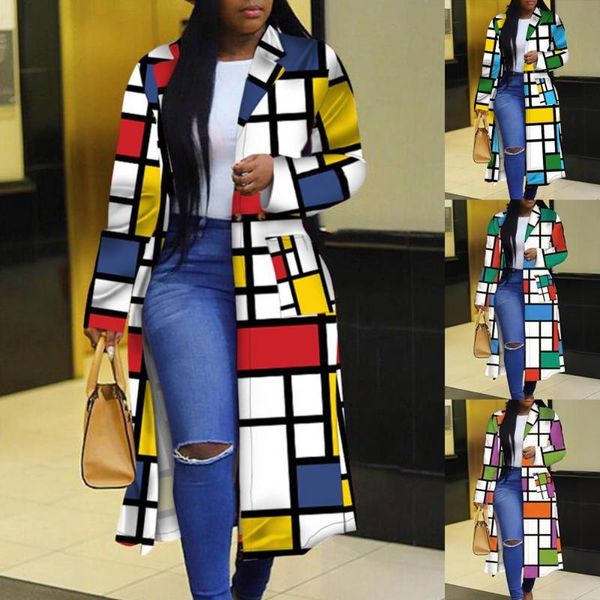 

women's trench coats plaid long coat women 2021 spring autumn lapel retro yellow green jacket female plus size loose sleeve warm, Tan;black