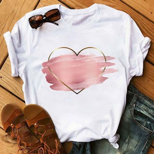 

women's t-shirt heart flower print ladies women casual o-collar white shirt summer short sleeve love graphic tshirts