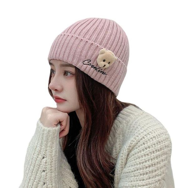 

beanies female keep warm sports cap knitting little bear letter hat