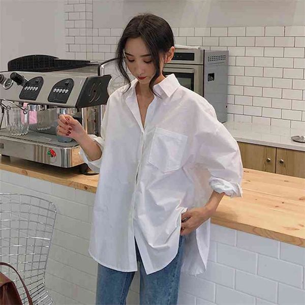 

spring autumn women white shirts casual lapel long sleeve pockets oversized blouse female loose bf korean style blusas 210522