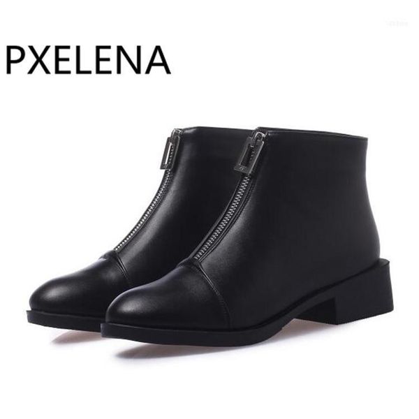 

boots pxelena 2021 autumn women motorycle riding ankle square med heel round toe front zipper rome casual shoes11, Black