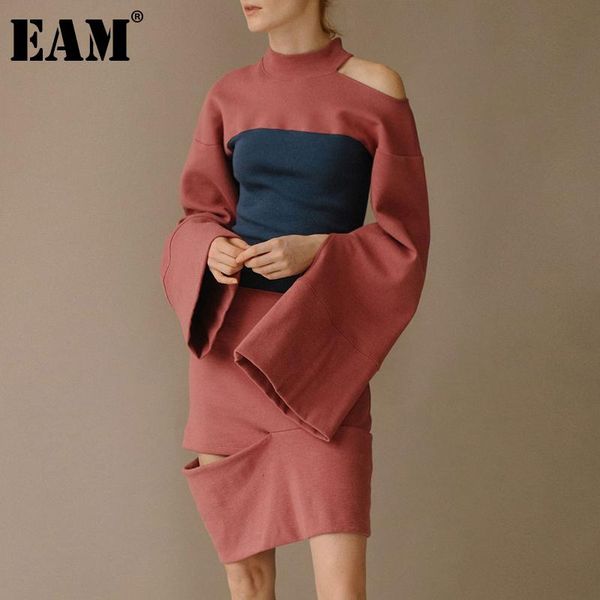 

[eam] women red off shoulder irregular knitting dress stand neck long sleeve loose fit fashion spring autumn 2021 1dd6053 casual dresses, Black;gray