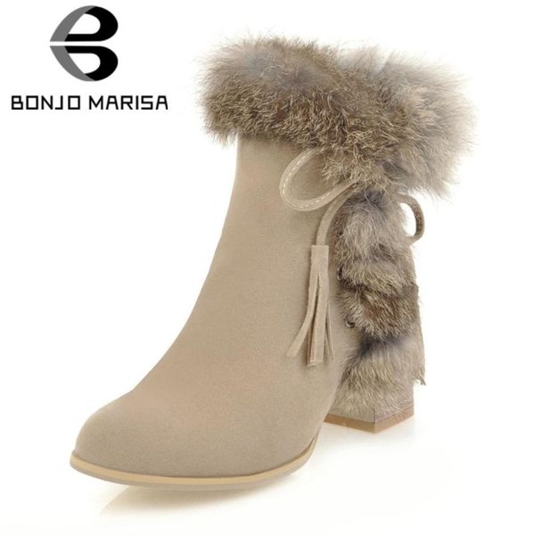 

boots bonjomarisa big size 43 female flock round toe ankle buterfly knot thick fur women high heels fringe shoes woman, Black