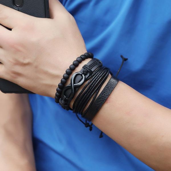 

tennis braided black leather bracelets set for men vintage punk infinity charms wrap women jewelry, Golden;silver