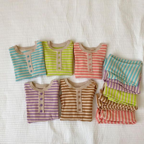 

clothing sets 2021 korea style girls boys striped 2 pcs set t-shirt+pants autumn fashion kids pajamas 2-7 years, White
