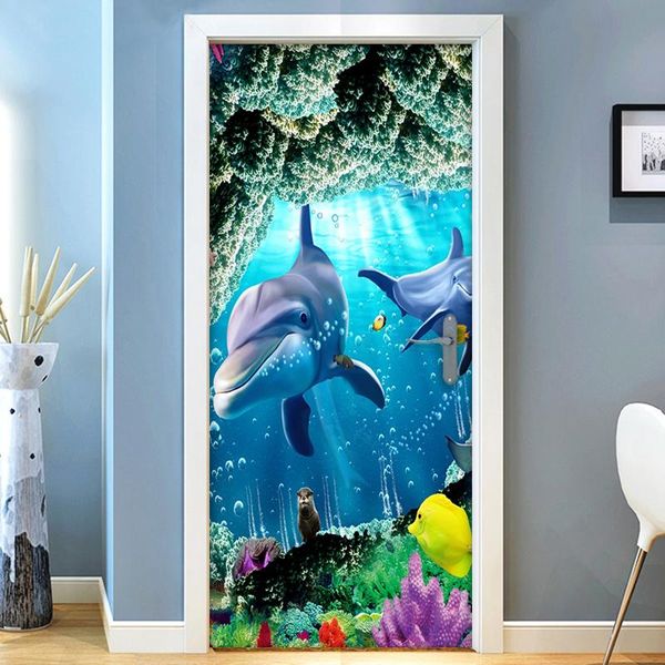 

wallpapers dolphin seascape 3d door stickers home decor modern kids room bedroom decoration sticker wall mural wallpaper waterproof