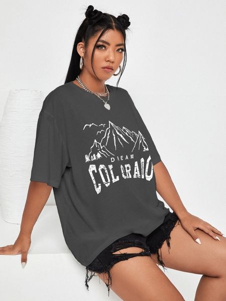 

plus mountain & letter graphic tee n62t#, Black