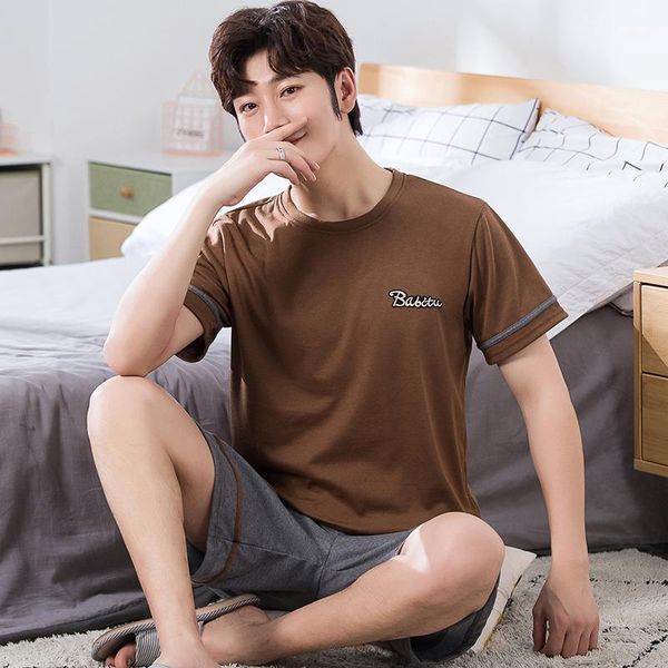 

men's sleepwear pajamas set summer loose leisure elastic waist men cotton short sleeve nightwear pant outwear4xl, Black;brown
