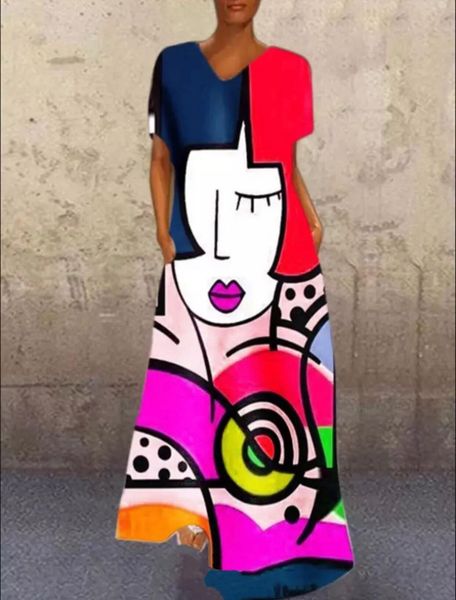

European Abstract Dress Oversize Women Sleepwear Casual Cartoon Face Print Patchwork Summer V Neck Vintage Long Maxi A Line Vestidos, Black;red