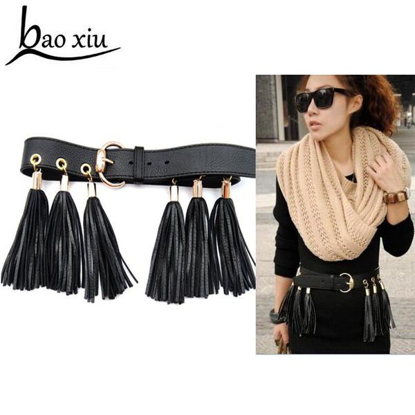 

belts est design women waist belt lovely women's leather tassel decorated female fashion pin buckle solid pu strap, Black;brown