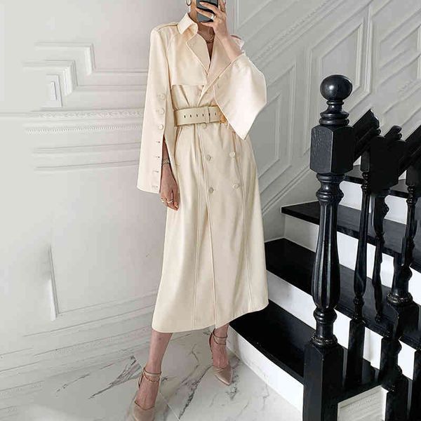 

women's trench coats [ewq] korean chic temperament trumpet sleeve medium long style double breasted windbreaker coat with belt female 1, Tan;black