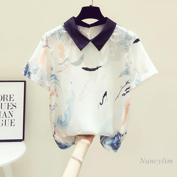 

women's blouses & shirts chiffon shirt short sleeve thin summer fashion print all-match ladies blusas vetement femme 2021, White