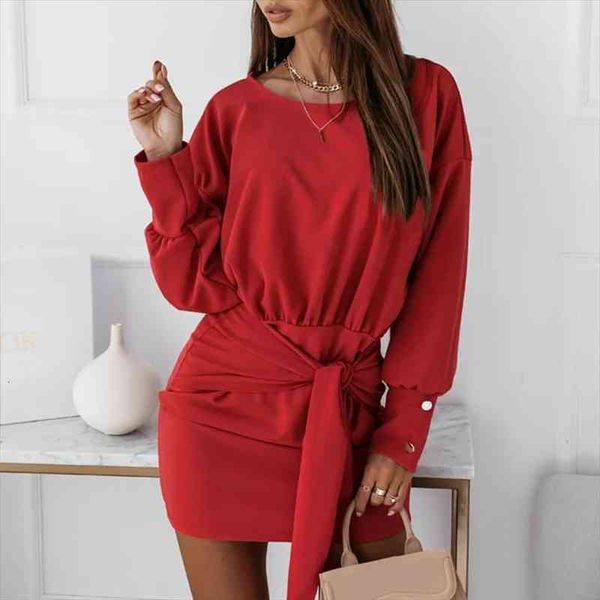 

knot front belt solid bodycon womens dresses autumn fashion drop shoulder long sleeves o neck short for women, Black;gray