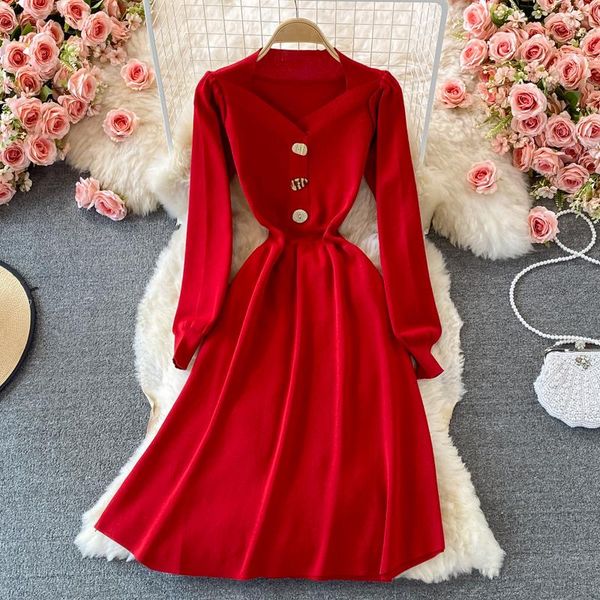 

casual dresses singreiny women korean knitted dress long sleeve v neck button a-line autumn winter fashion streetwear short sweater, Black;gray