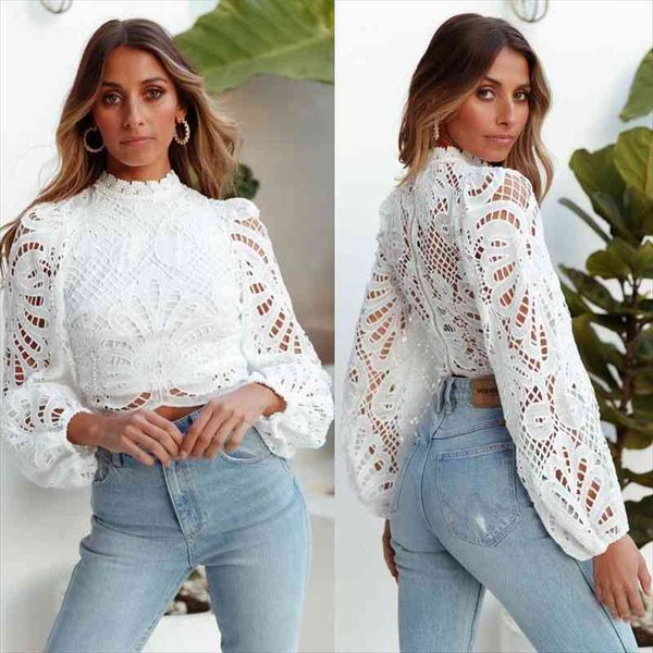 

women lace blouse elegant long sleeve lace casual embroidery crochet hollow out turtleneck blouse office lady shirts, White