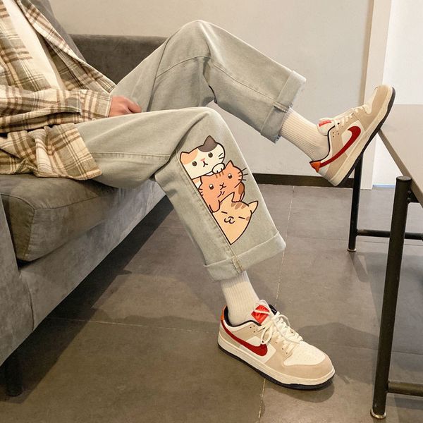 

women's jeans long women's pants with cat prints, cute summer cartoon jeans, cowboy pants, loose women, anime stamps, funny haraju, Blue