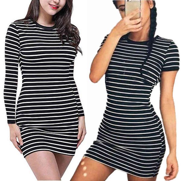 

summer autumn round neck long short sleeved black and white striped dresses casual elegant sheath slim dress, Black;gray