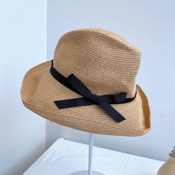 

big hat japanese designer pleated manila straw women's sunscreen versatile basin bow, Blue;gray